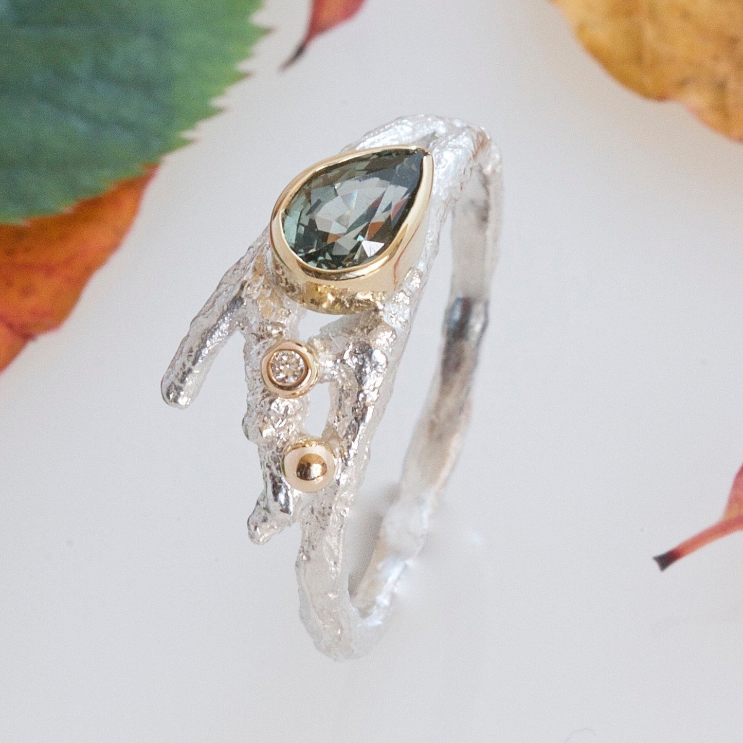 Green Sapphire Elvish Twig Ring-Pear Shape Ring-Silver and 18ct Gold, Diamond