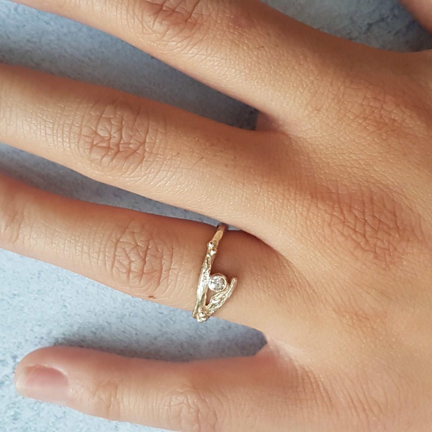 Gold and Diamond Twig Engagement Ring Set, Elvish Engagement and Wedding rings