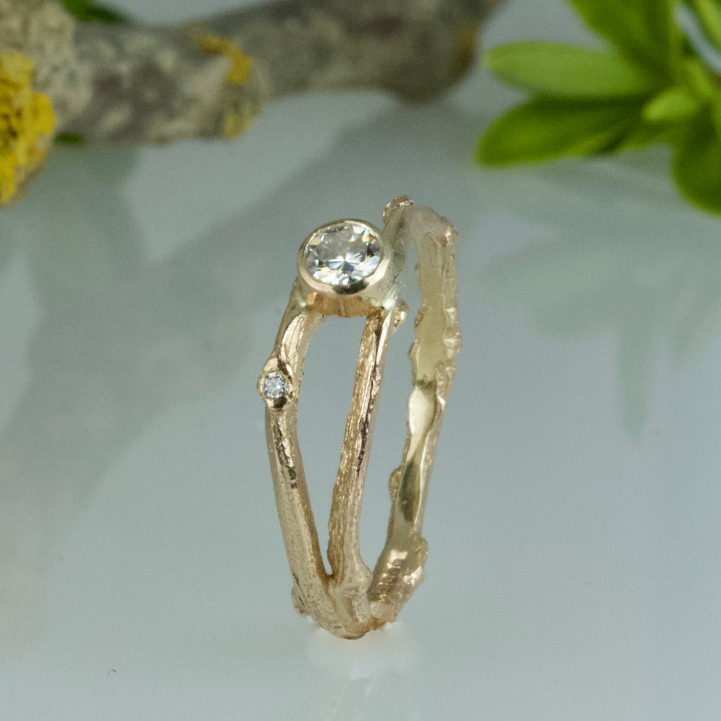 Moissanite Gold Woodland Twig Engagement Ring-Moissanite Elvish Ring-Nature Engagement Ring