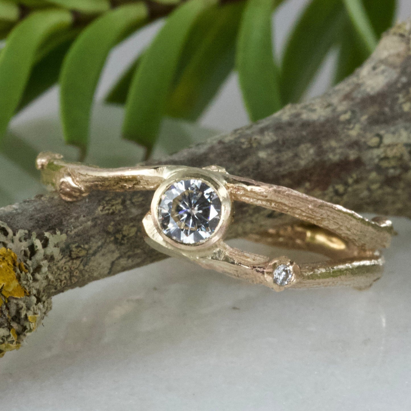 Moissanite Gold Woodland Twig Engagement Ring-Moissanite Elvish Ring-Nature Engagement Ring