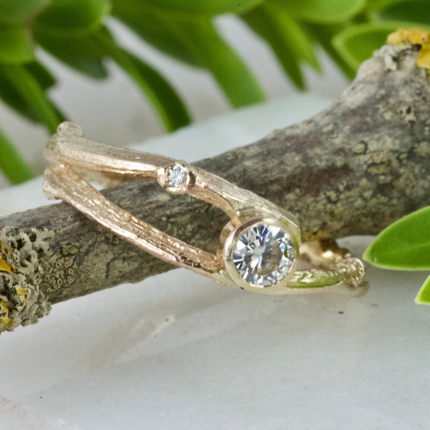 Moissanite Gold Woodland Twig Engagement Ring-Moissanite Elvish Ring-Nature Engagement Ring