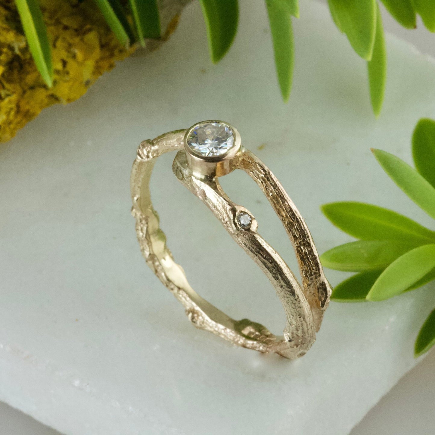 Moissanite Gold Woodland Twig Engagement Ring-Moissanite Elvish Ring-Nature Engagement Ring