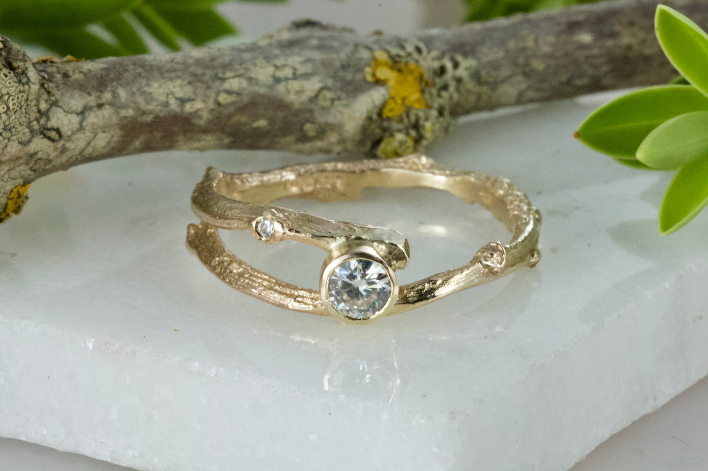 Moissanite Gold Woodland Twig Engagement Ring-Moissanite Elvish Ring-Nature Engagement Ring