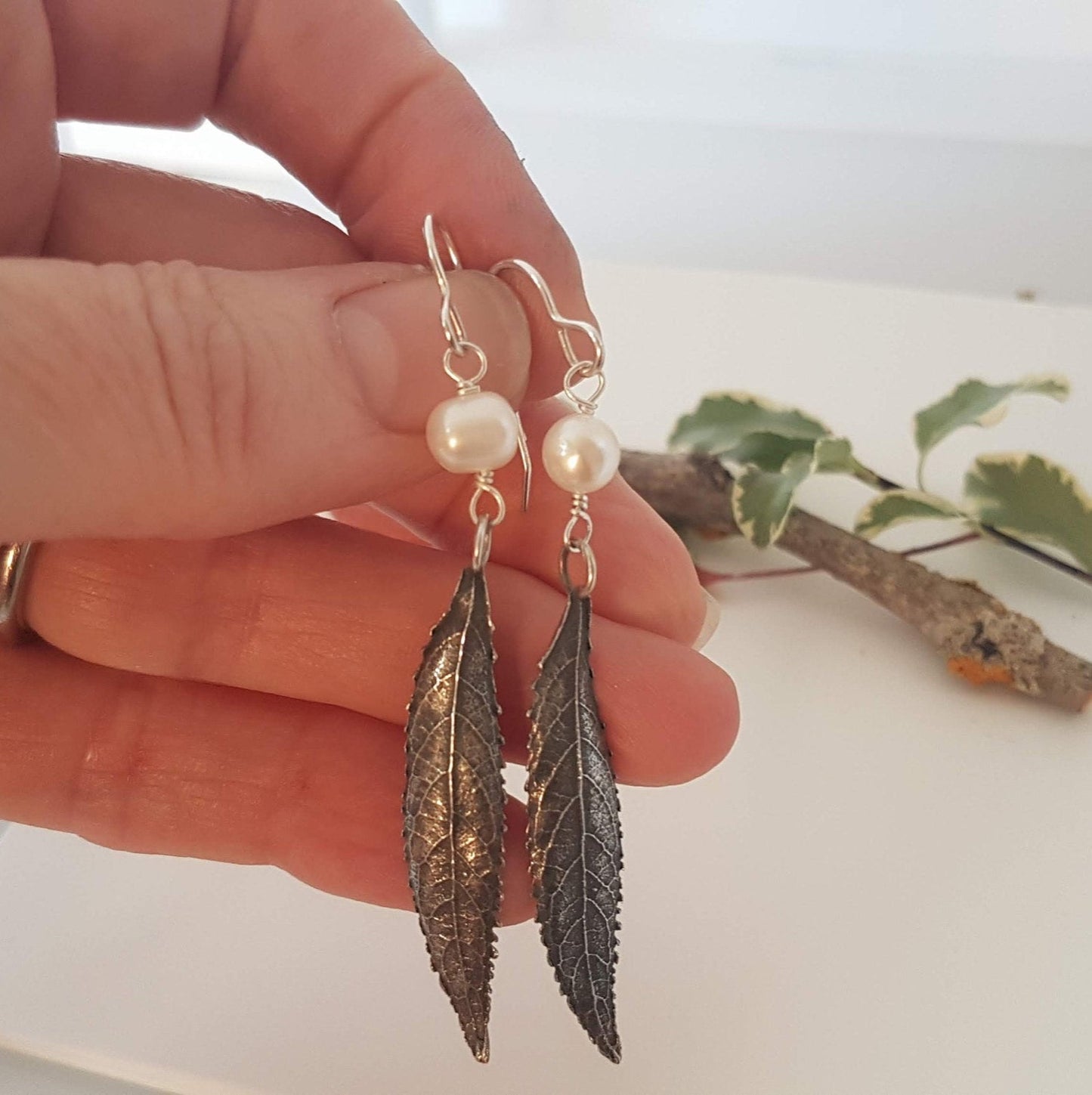 Long Boho Sterling Silver Leaf and Pearl Earrings-Woodland Leaf Earrings