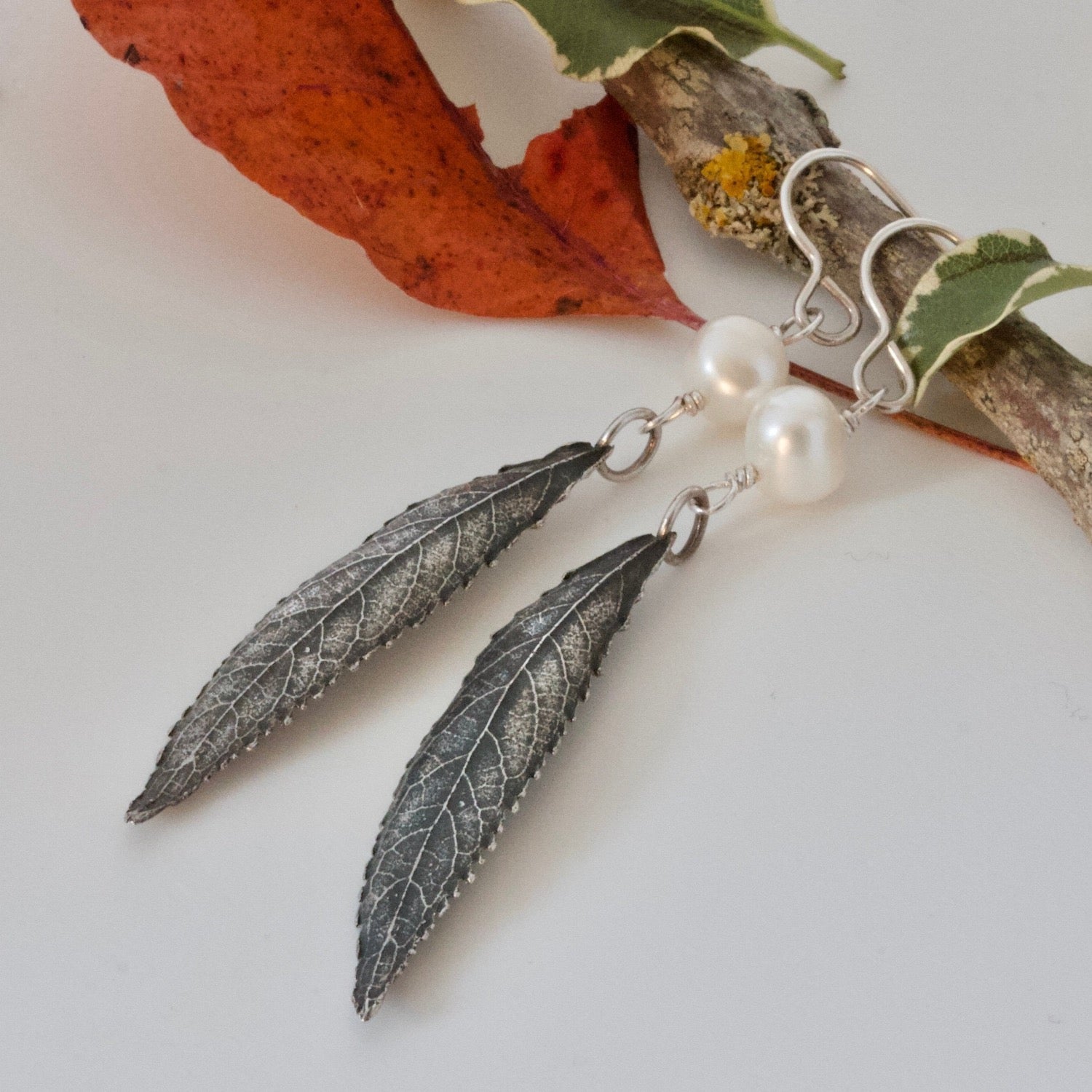 Long Leaf Silver Woodland Earrings