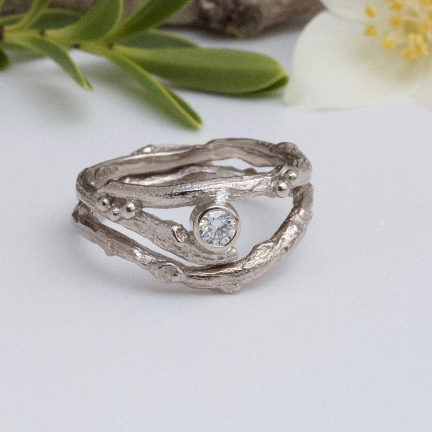 Diamond Elvish Engagement Ring Set, Alternative Engagement Ring, 18ct Gold and Diamond Twig Ring