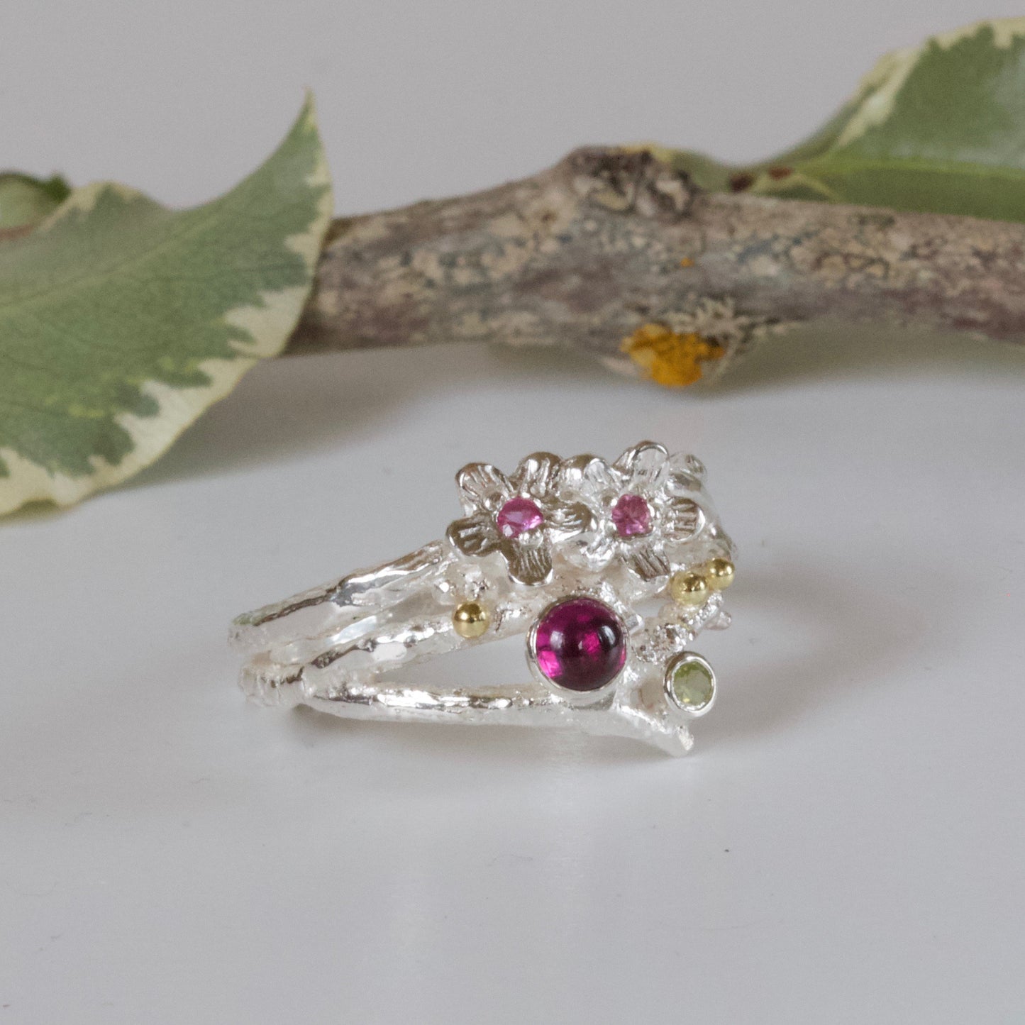 In the Pink, Enchanted Wood Twig Ring-Gemstone Mixed Metal Ring-Pink Sapphire