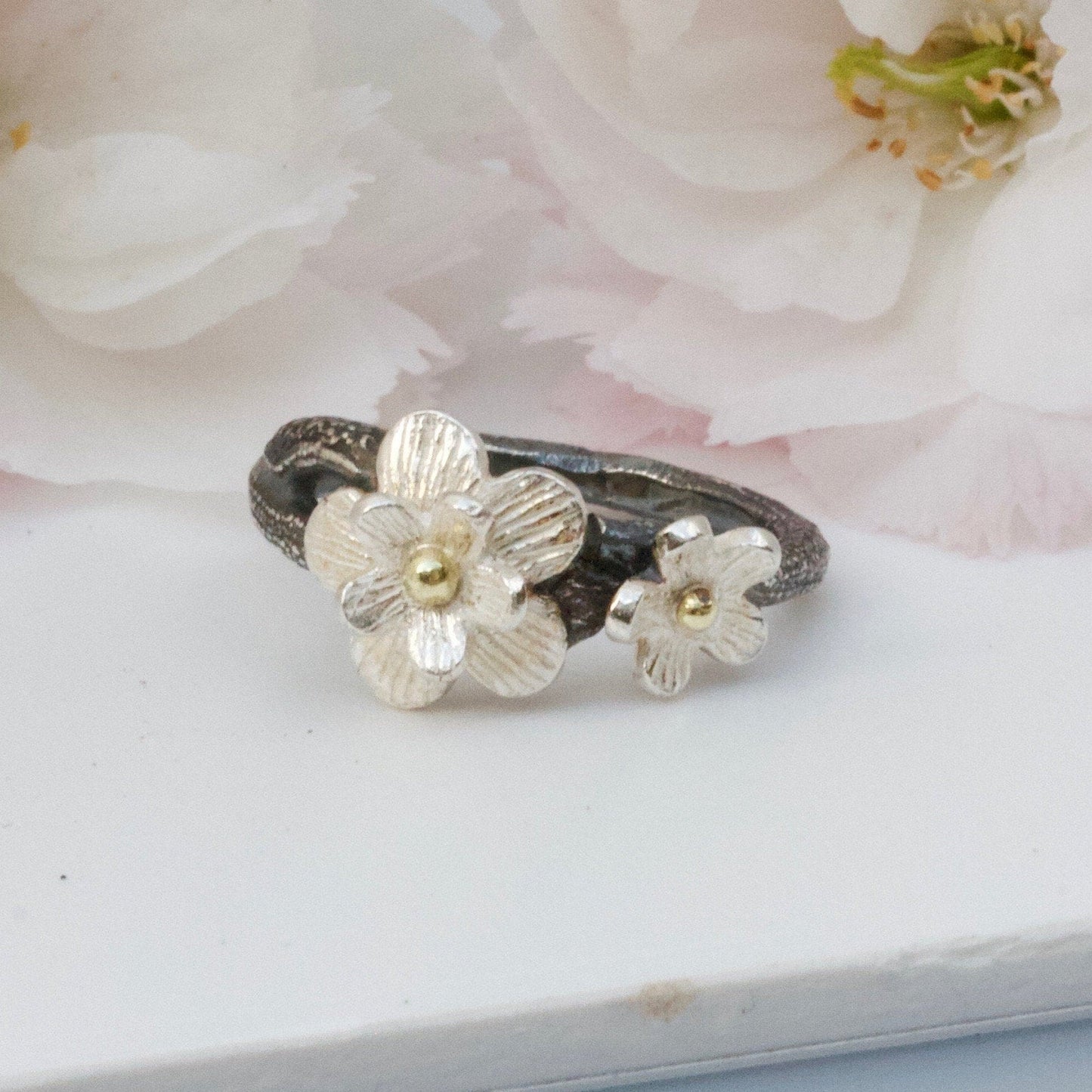 Cherry Blossom Ring. Mixed Metal Silver and Gold. Nature Jewellery