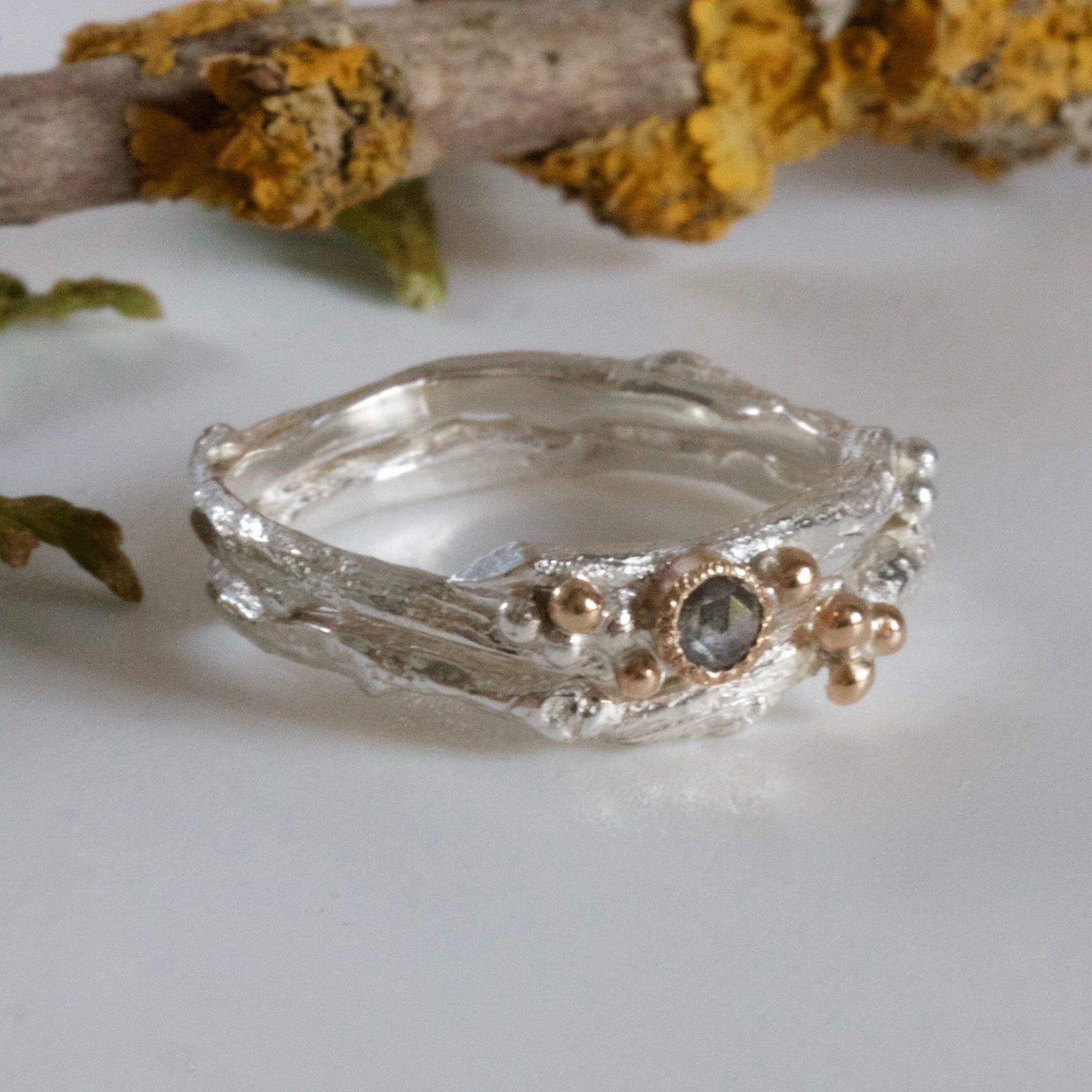 Silver and Gold Twig and Berry Shaped Wedding Ring, Rustic Wedding Ring