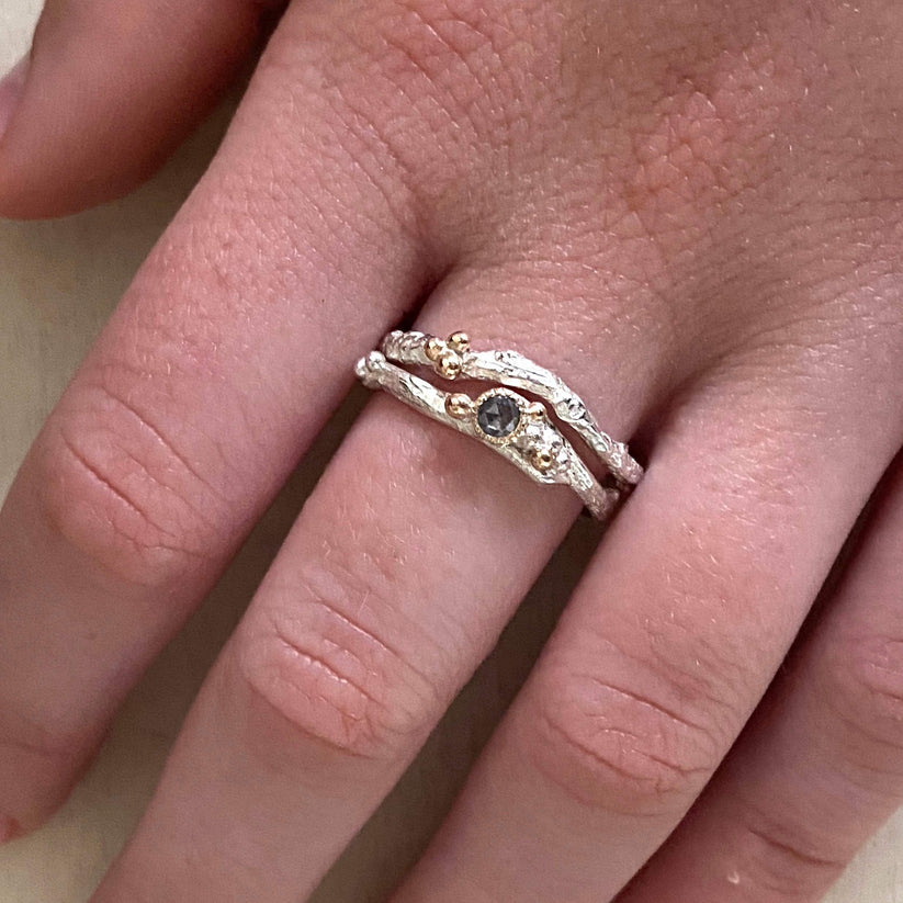 Silver and Gold Twig and Berry Shaped Wedding Ring, Rustic Wedding Rin