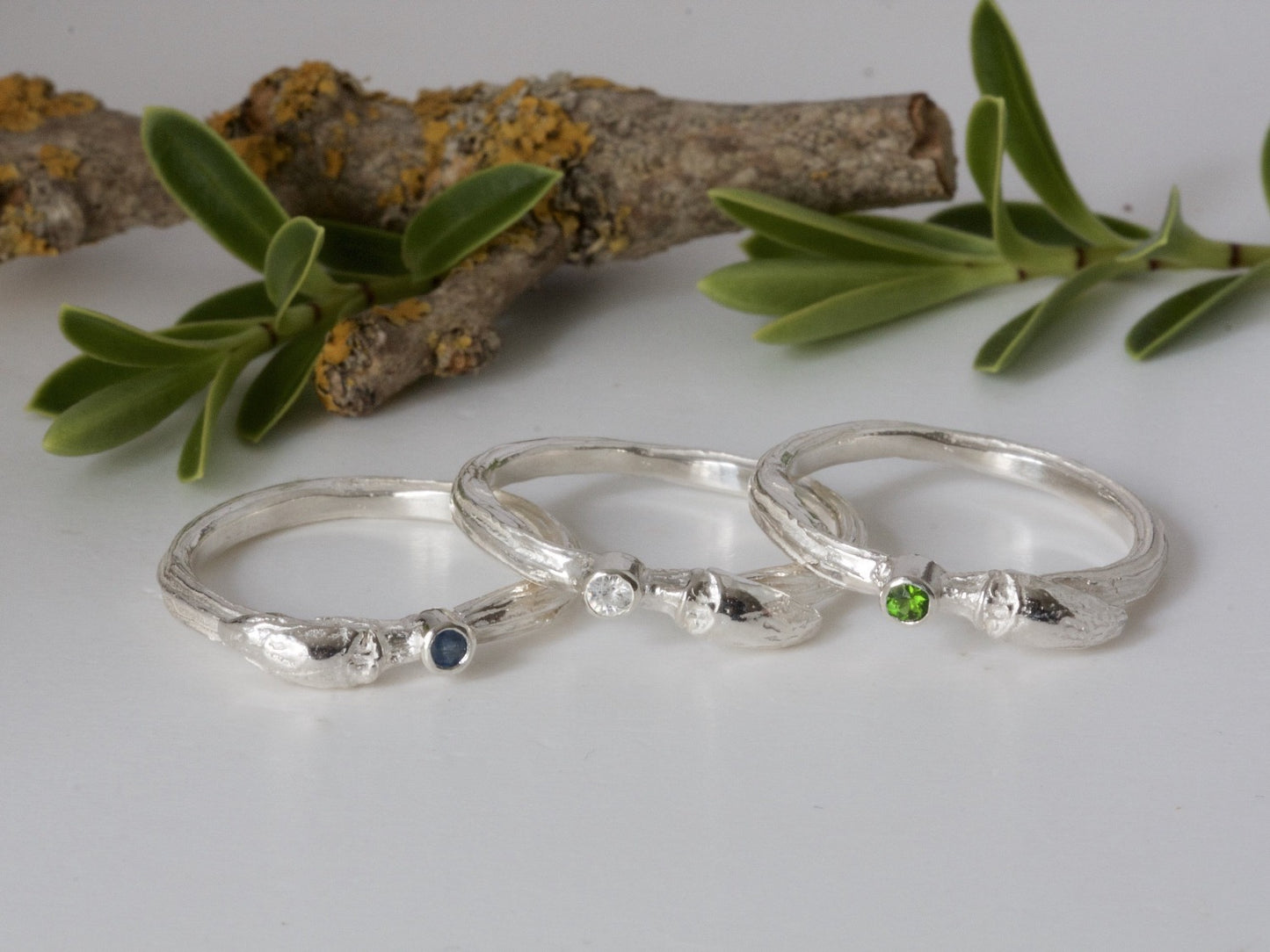 Silver Bud Ring-Organic Diopside Gemstone Twig Ring