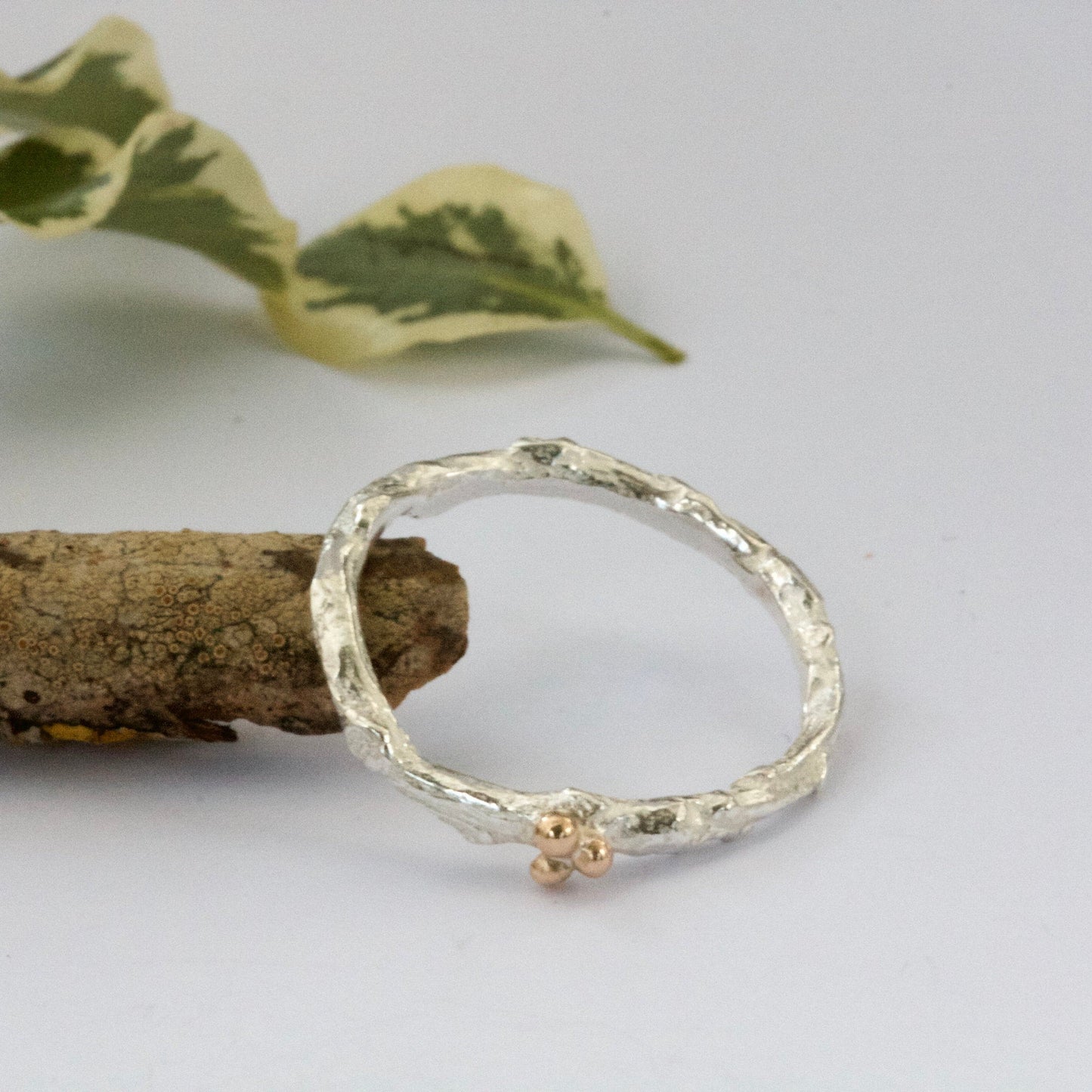 Silver and Gold Twig and Berry Shaped Wedding Ring, Rustic Wedding Ring