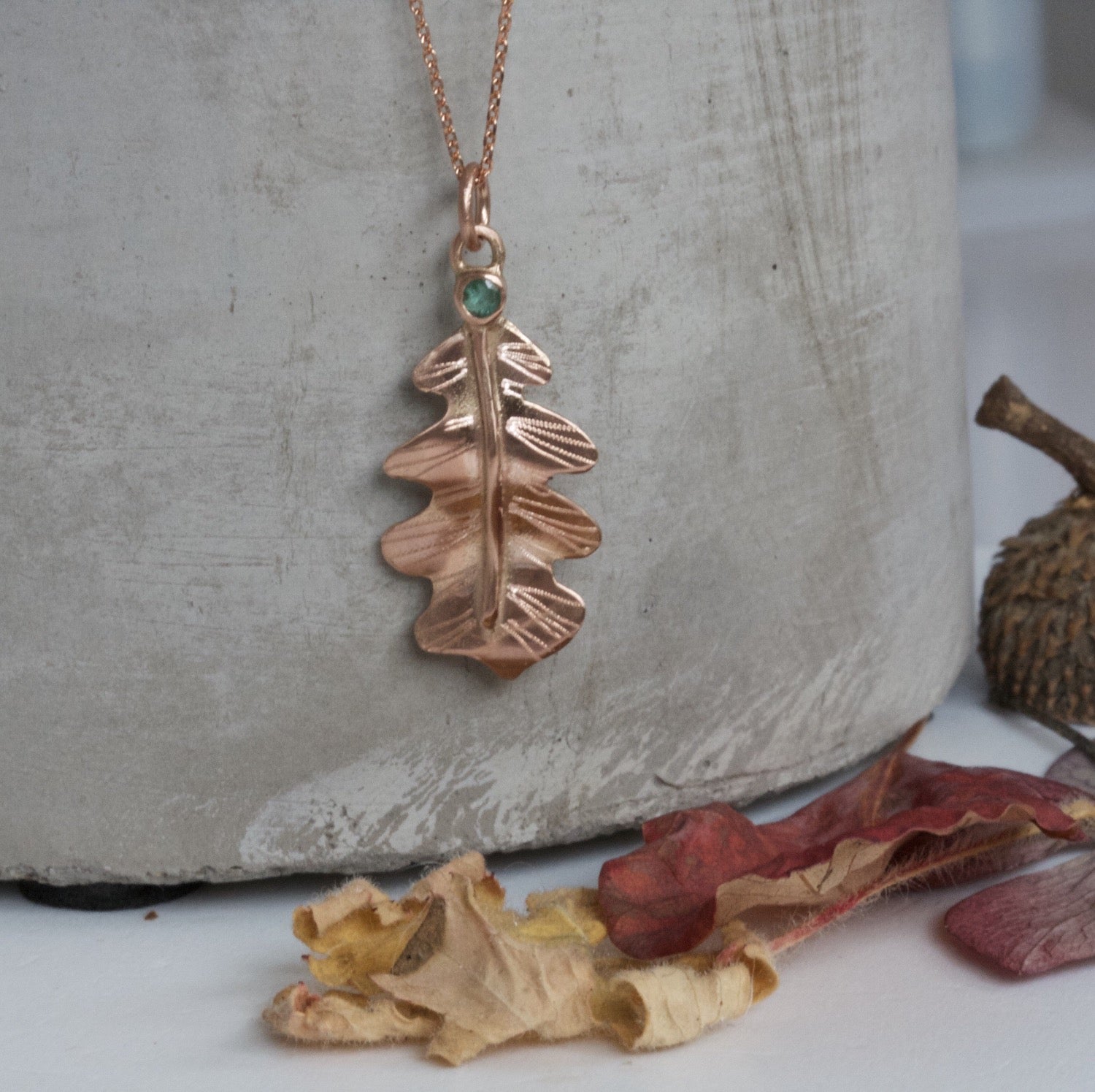 rose gold and emerald leaf necklace