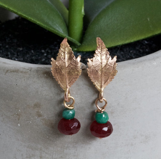 Autumn Leaf Earrings, Solid 9ct Rose Gold and Emerald Earrings