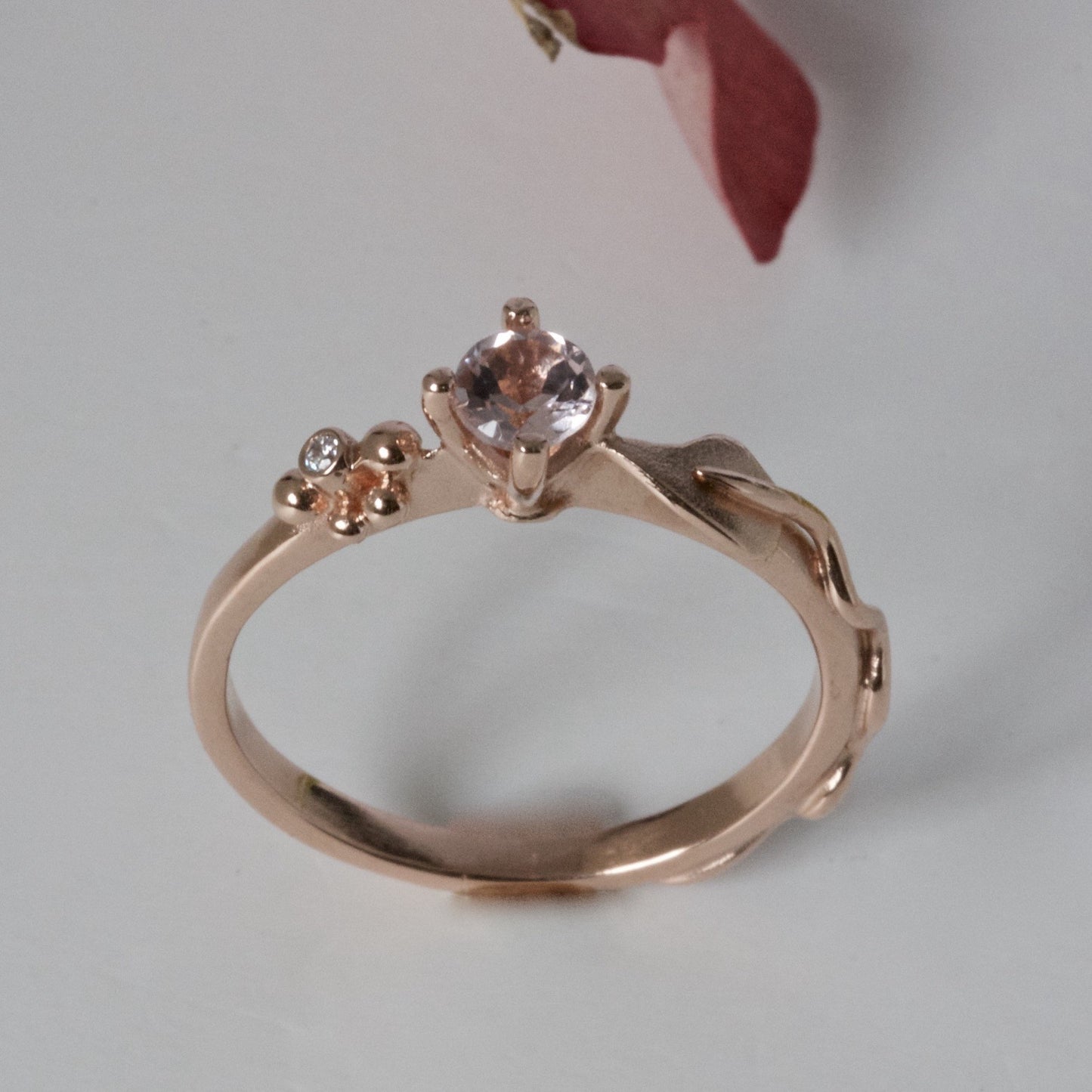 red gold and morganite leaf ring