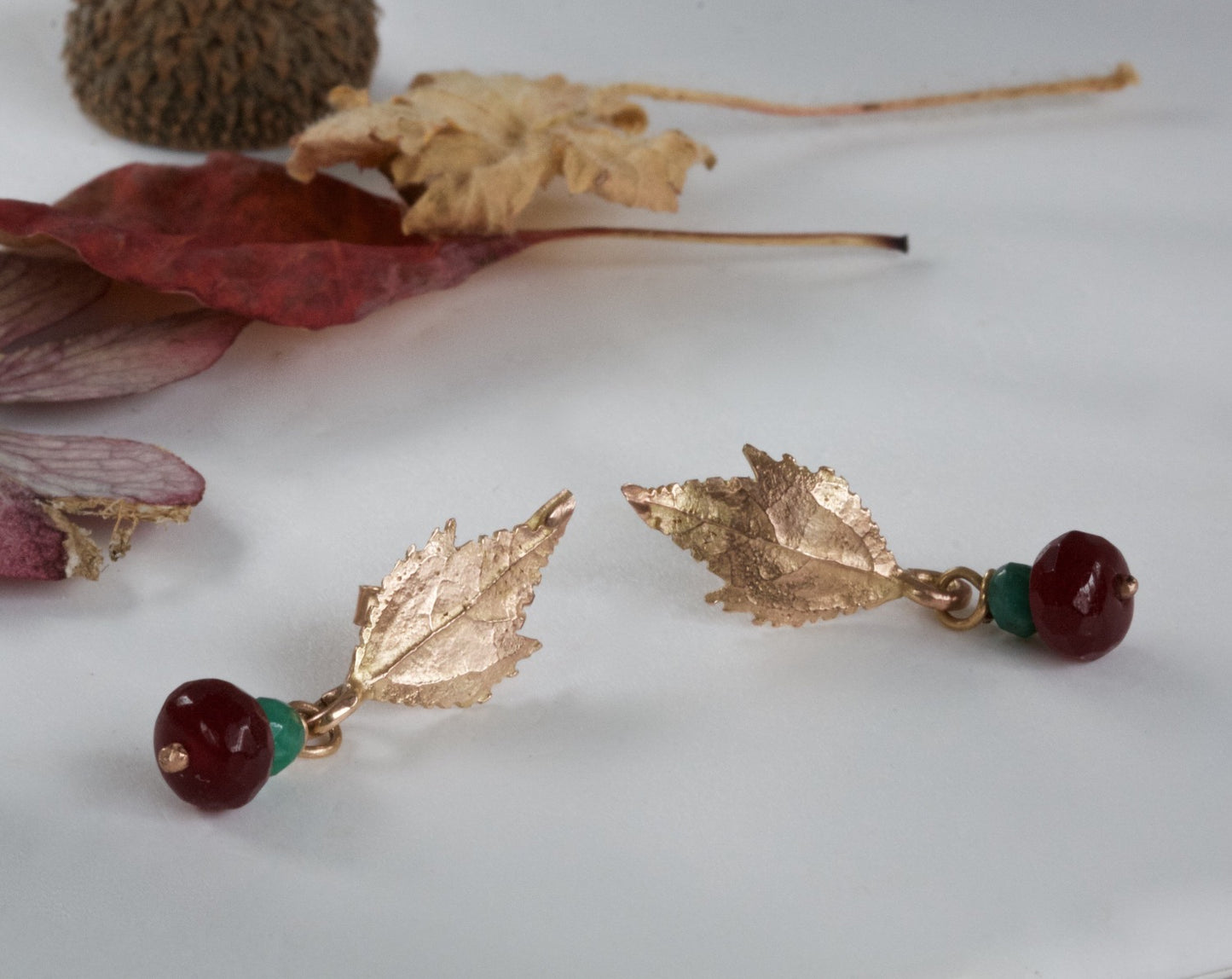 Autumn Leaf Earrings, Solid 9ct Rose Gold and Emerald Earrings