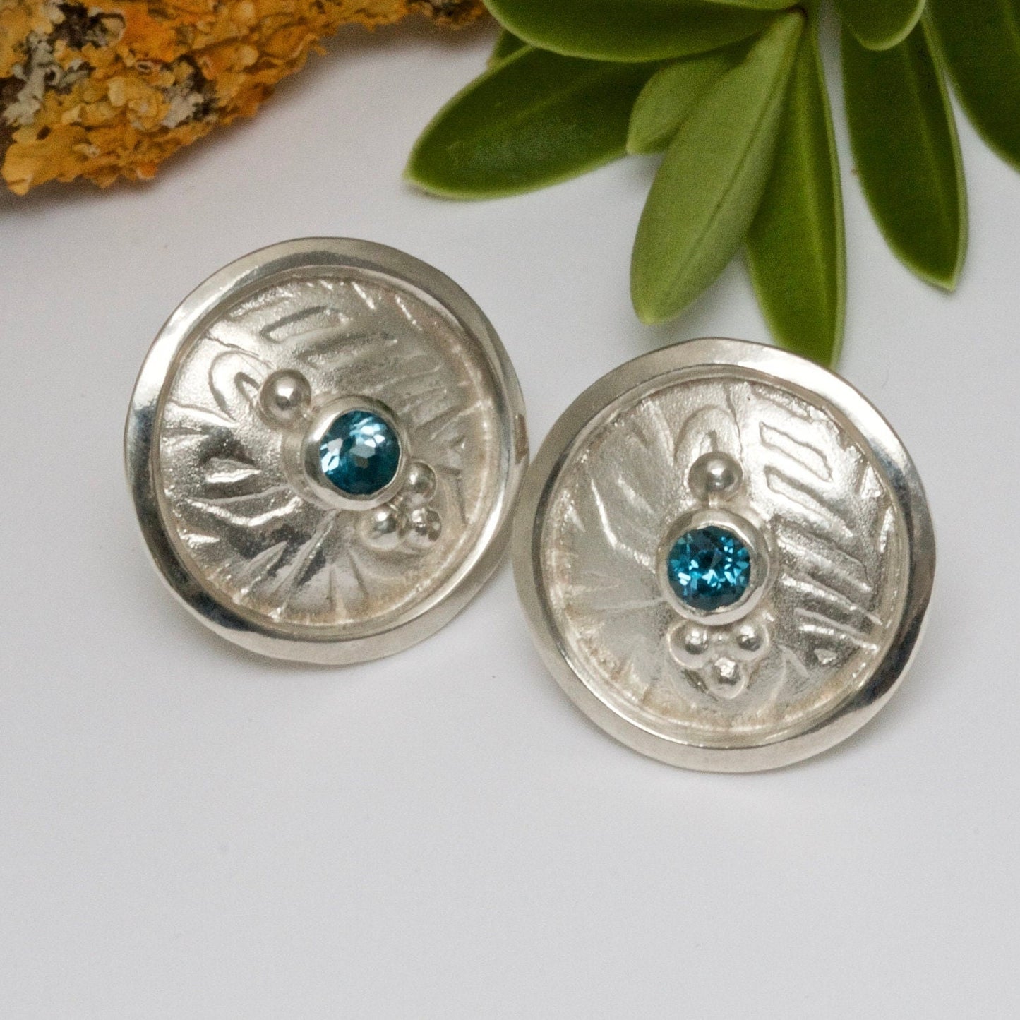 Boudicca Warrior Queen Celtic Shield Earrings, Blue Topaz Earrings