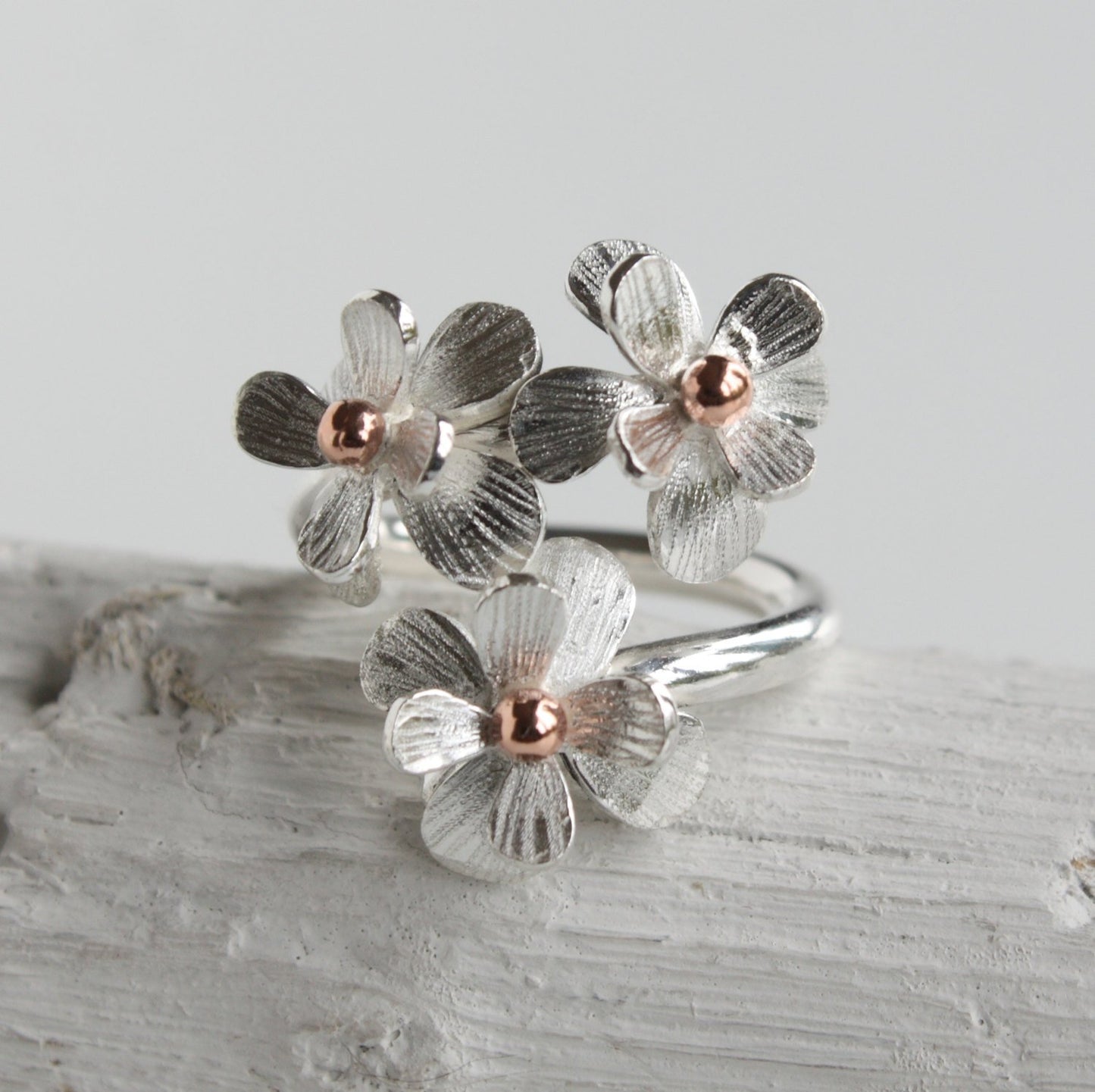 Handmade Adjustable Silver and Rose Gold Daisy Flower Ring-Floral-Botanical Ring