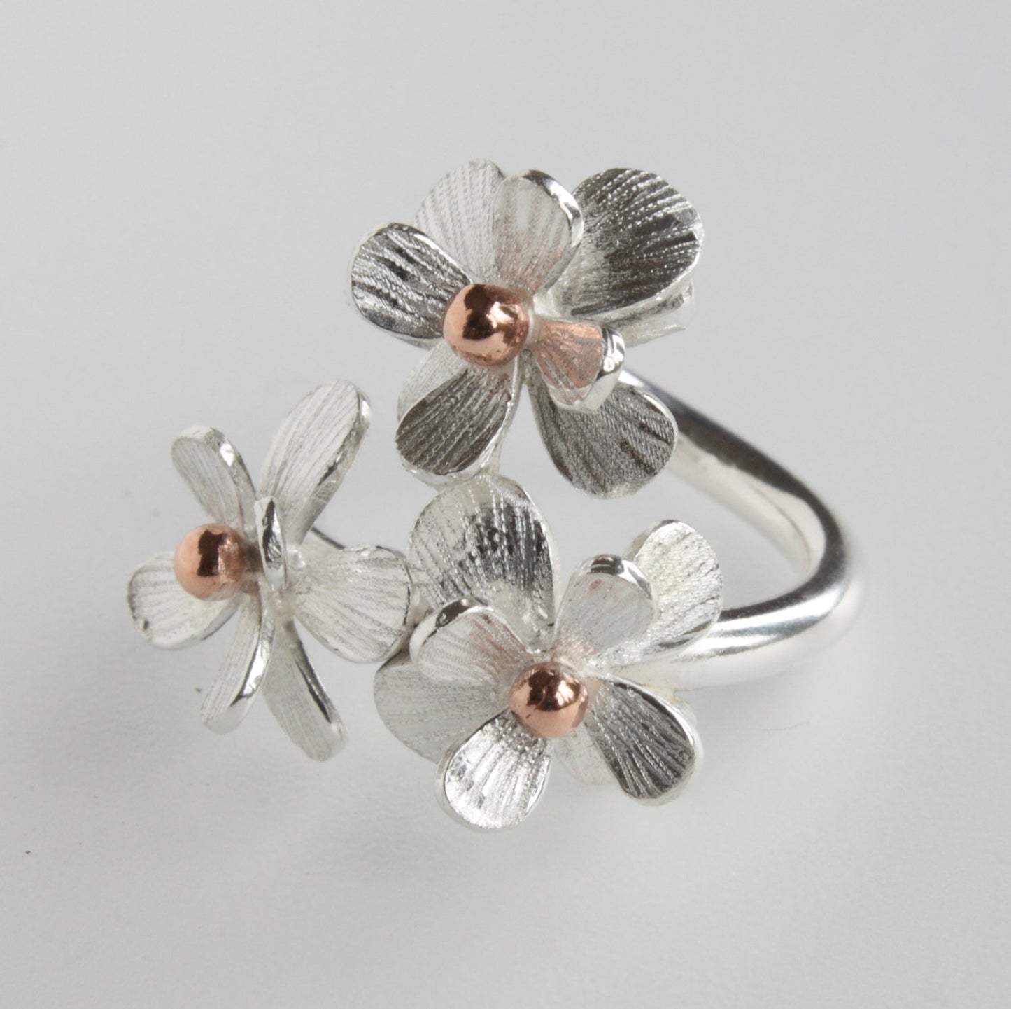 Handmade Adjustable Silver and Rose Gold Daisy Flower Ring-Floral-Botanical Ring