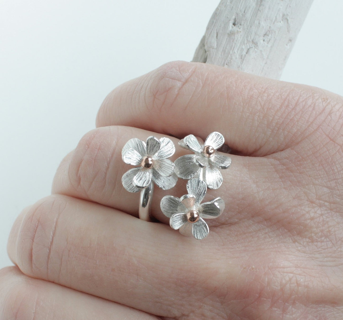 Handmade Adjustable Silver and Rose Gold Daisy Flower Ring-Floral-Botanical Ring