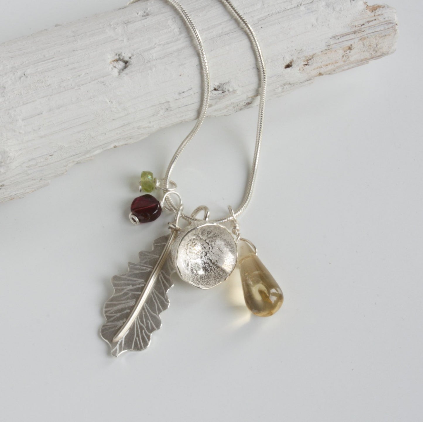 Woodland Oak Leaf and Acorn Cup Cluster Necklace-Garnet-Peridot-Citrine-Handmade Nature Jewellery