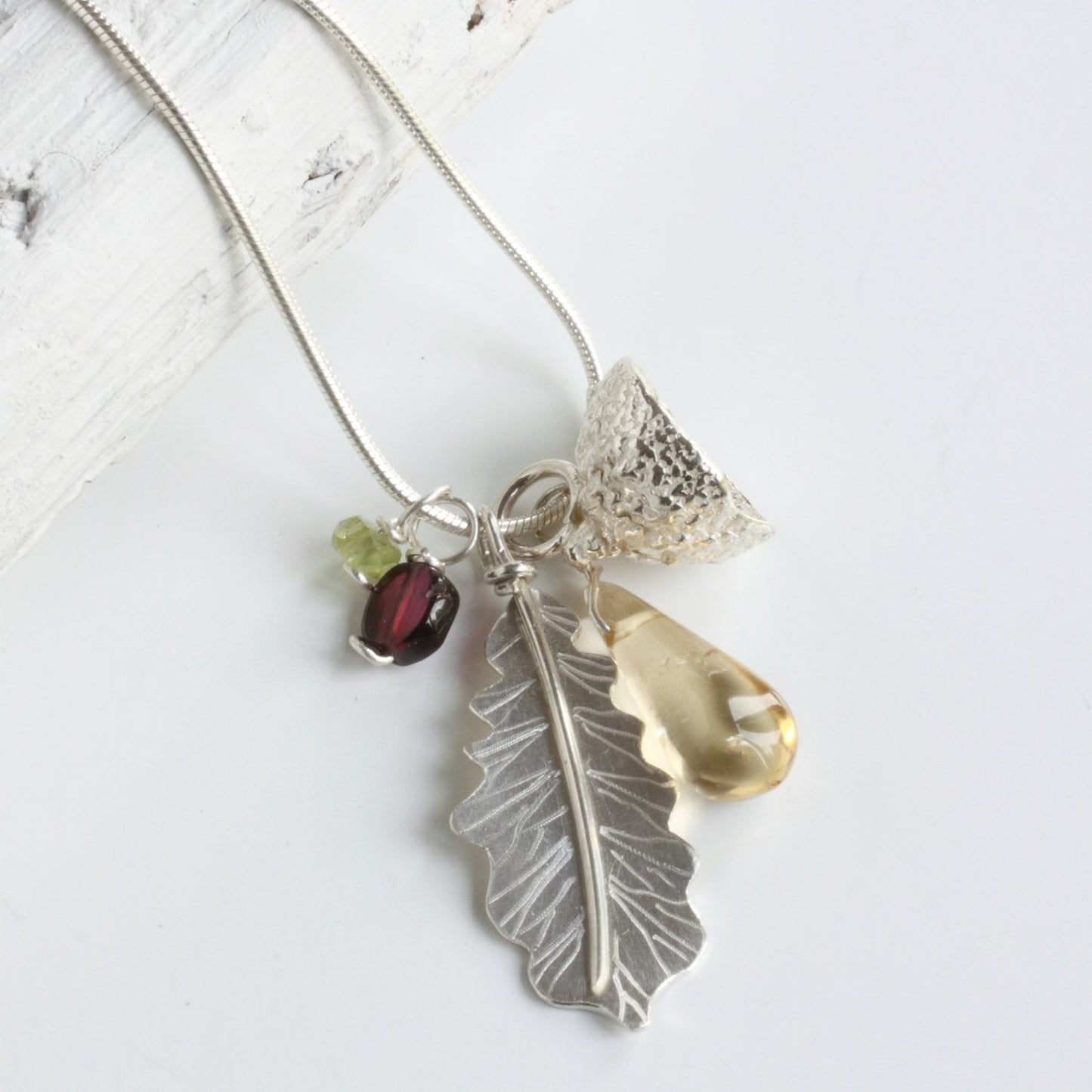 Woodland Oak Leaf and Acorn Cup Cluster Necklace-Garnet-Peridot-Citrine-Handmade Nature Jewellery