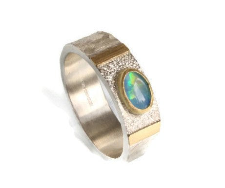 Opal Ring-October Birthstone-Silver and 18k Gold Ring-Unique Ring-unisex ring-Opal Wedding Band