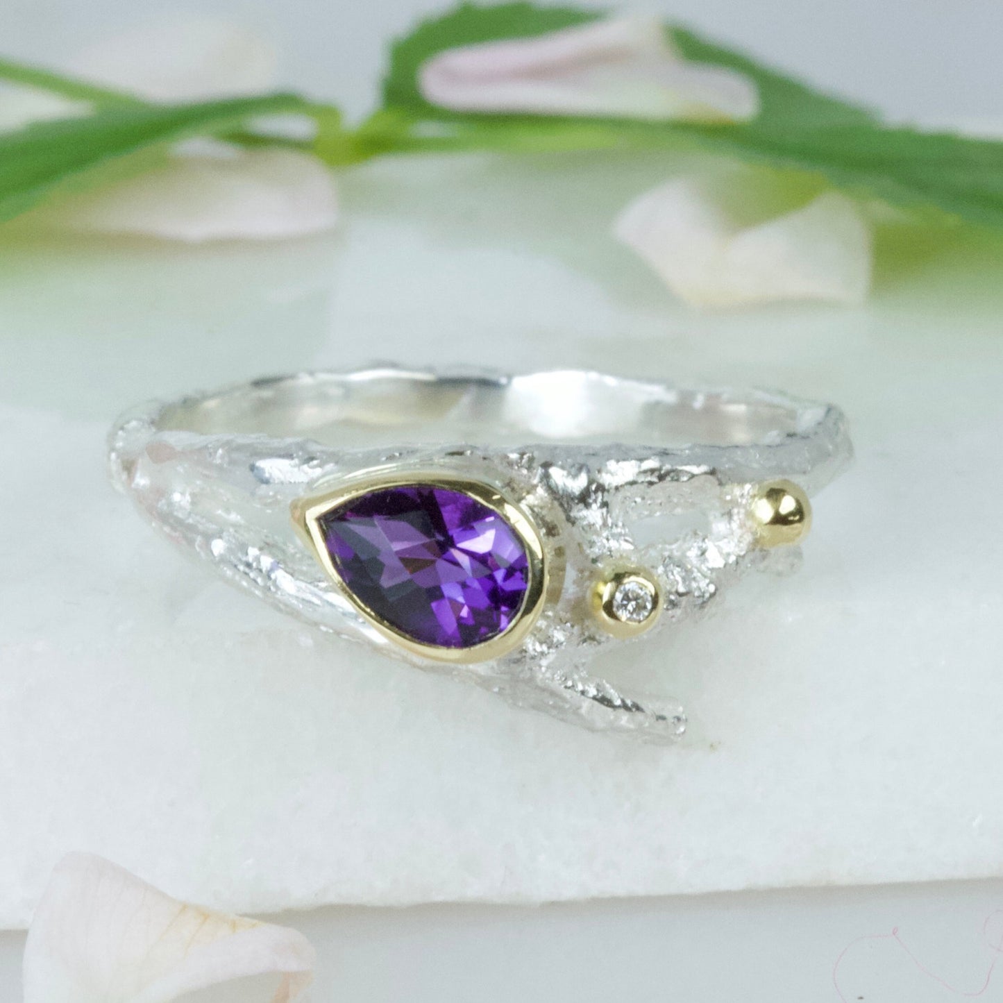Elvish Twig Engagement Ring-Pear Shape Silver and Gold Engagement Ring