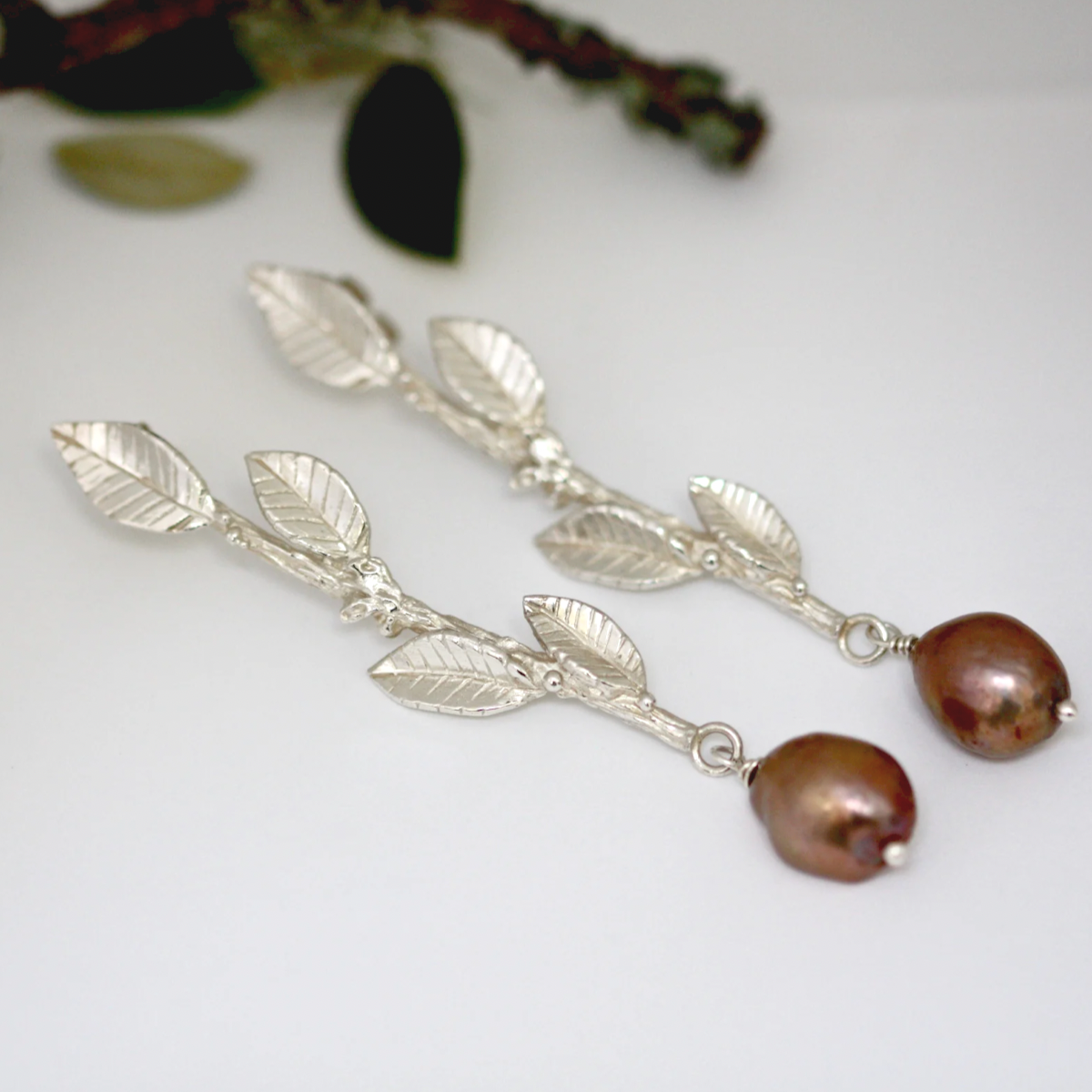 silver leaf and pearl earrings