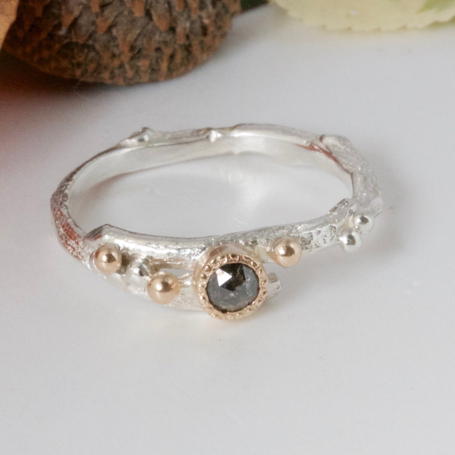 Organic Rose Cut Diamond Engagement Ring-Rustic Woodland Ring