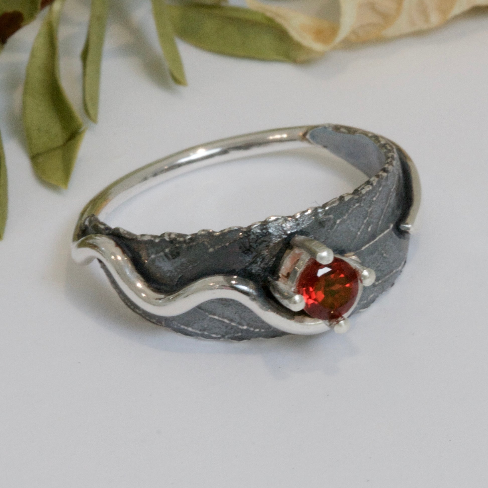 Garnet Woodland Leaf Ring
