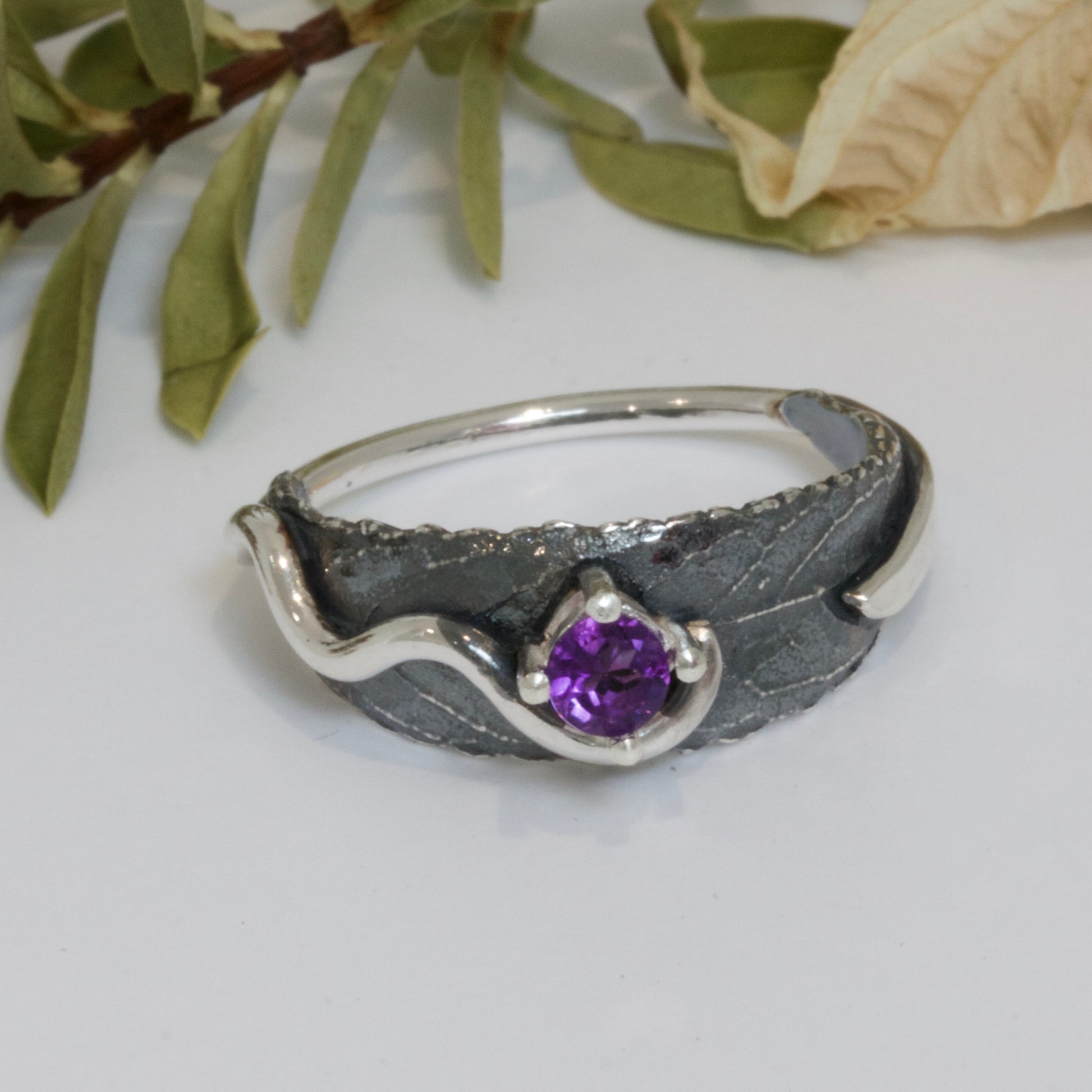 Amethyst Woodland Leaf Ring