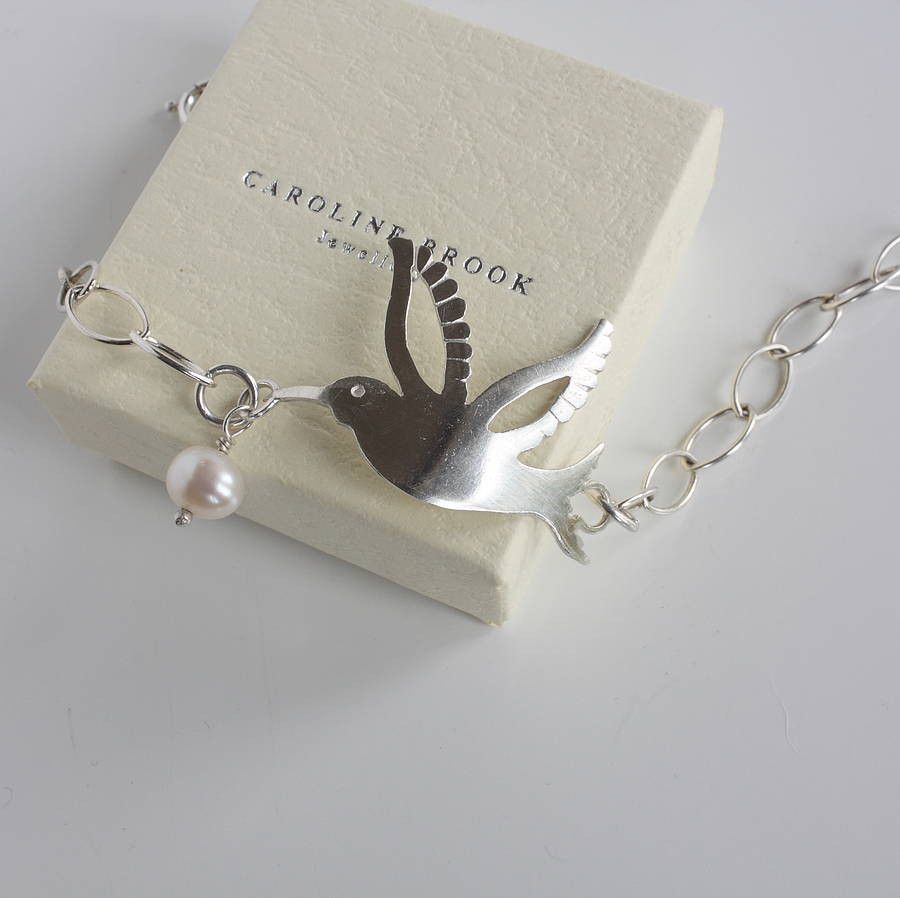 Silver Hummingbird Bracelet with Pearl