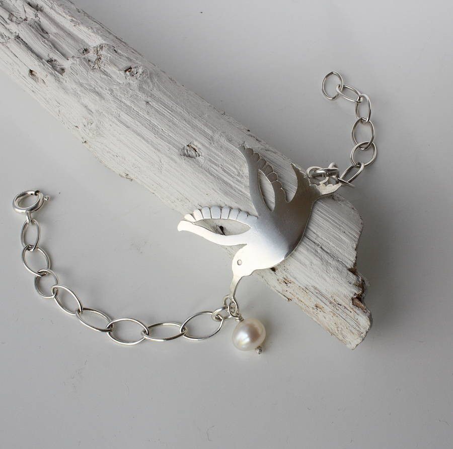 Silver Hummingbird Bracelet with Pearl