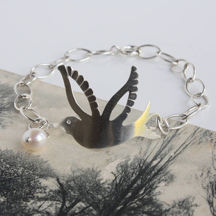 Silver Hummingbird Bracelet with Pearl